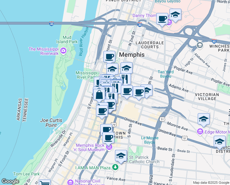 map of restaurants, bars, coffee shops, grocery stores, and more near 102 North 2nd Street in Memphis