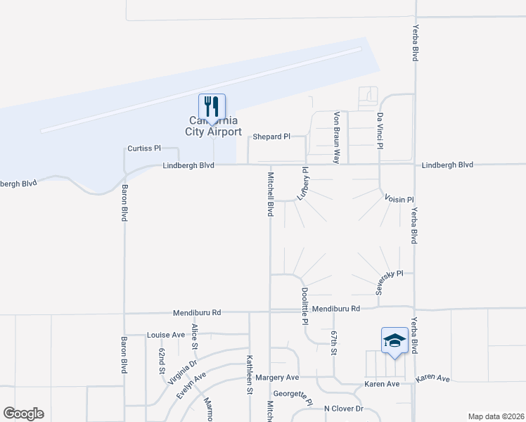map of restaurants, bars, coffee shops, grocery stores, and more near 22245 Mitchell Boulevard in California City