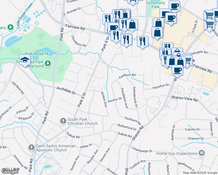 map of restaurants, bars, coffee shops, grocery stores, and more near 3101 Eastburn Road in Charlotte