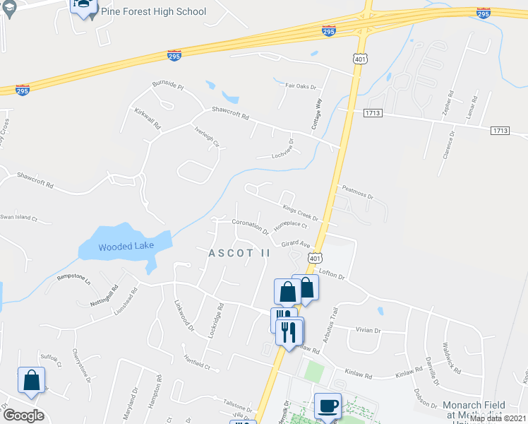 map of restaurants, bars, coffee shops, grocery stores, and more near 5722 Chalmers Court in Fayetteville