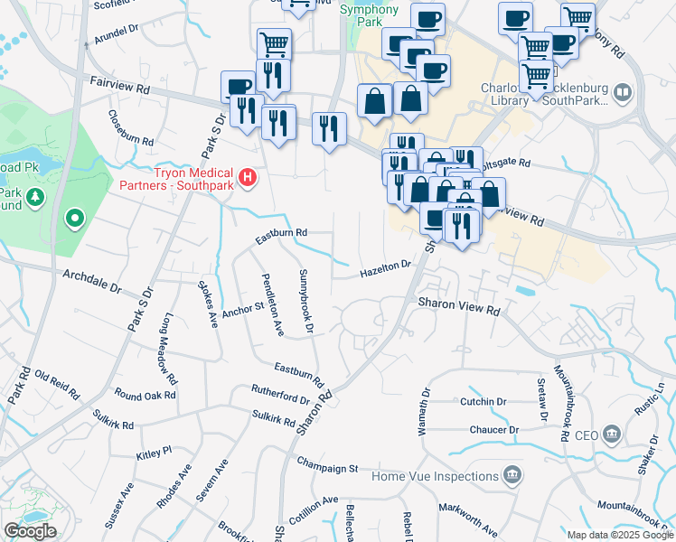map of restaurants, bars, coffee shops, grocery stores, and more near 4839 Fairheath Road in Charlotte