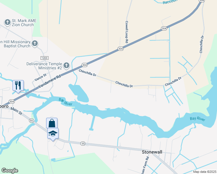 map of restaurants, bars, coffee shops, grocery stores, and more near 104 Rich Avenue in Bayboro