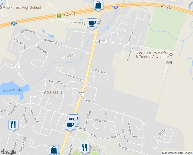 map of restaurants, bars, coffee shops, grocery stores, and more near 100 Weatherstone Drive in Fayetteville