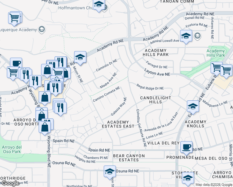 map of restaurants, bars, coffee shops, grocery stores, and more near 5611 Planeta Court Northeast in Albuquerque