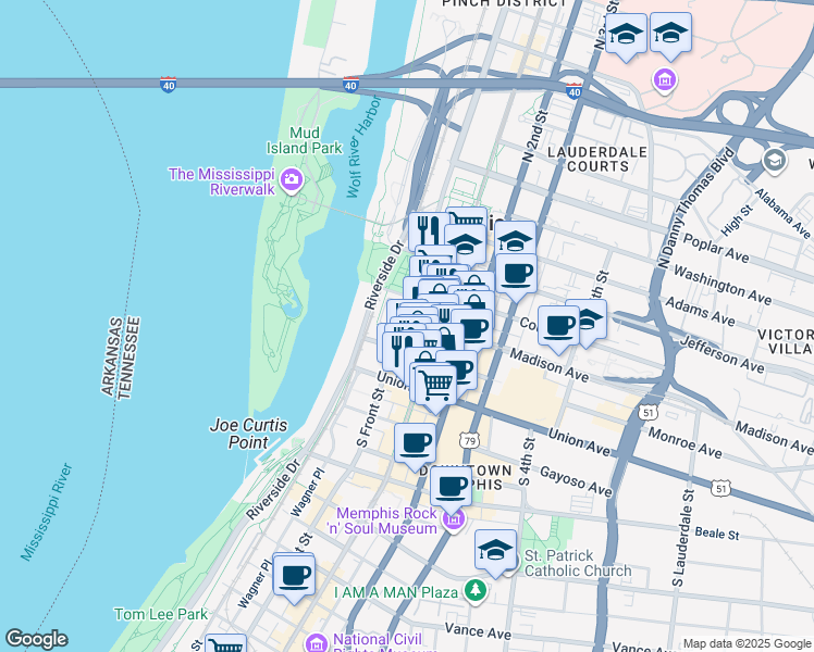 map of restaurants, bars, coffee shops, grocery stores, and more near 67 Madison Avenue in Memphis