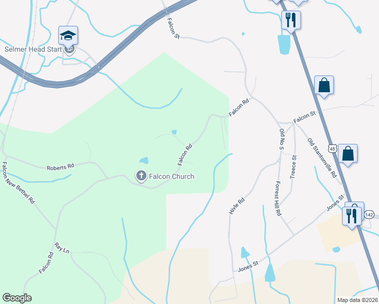map of restaurants, bars, coffee shops, grocery stores, and more near 450 Falcon Rd in Selmer