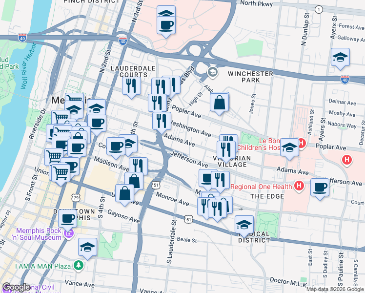 map of restaurants, bars, coffee shops, grocery stores, and more near 560 South Jefferson Place in Memphis