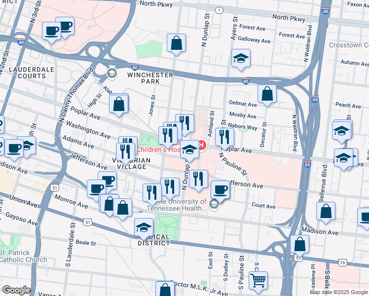 map of restaurants, bars, coffee shops, grocery stores, and more near 821 Poplar Avenue in Memphis