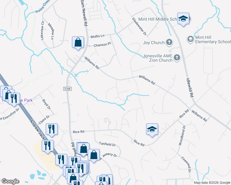 map of restaurants, bars, coffee shops, grocery stores, and more near 2603 Ashby Woods Drive in Matthews
