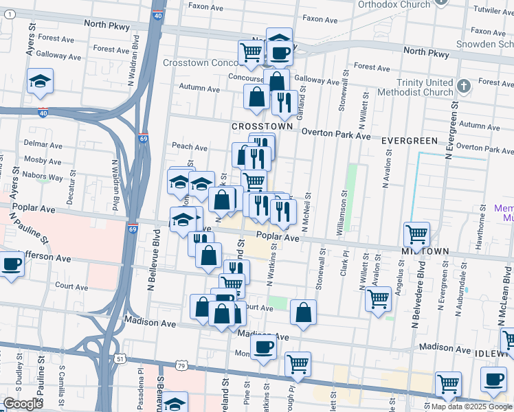 map of restaurants, bars, coffee shops, grocery stores, and more near 1366 Poplar Avenue in Memphis