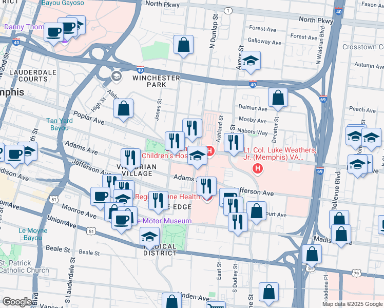 map of restaurants, bars, coffee shops, grocery stores, and more near 821 Poplar Avenue in Memphis