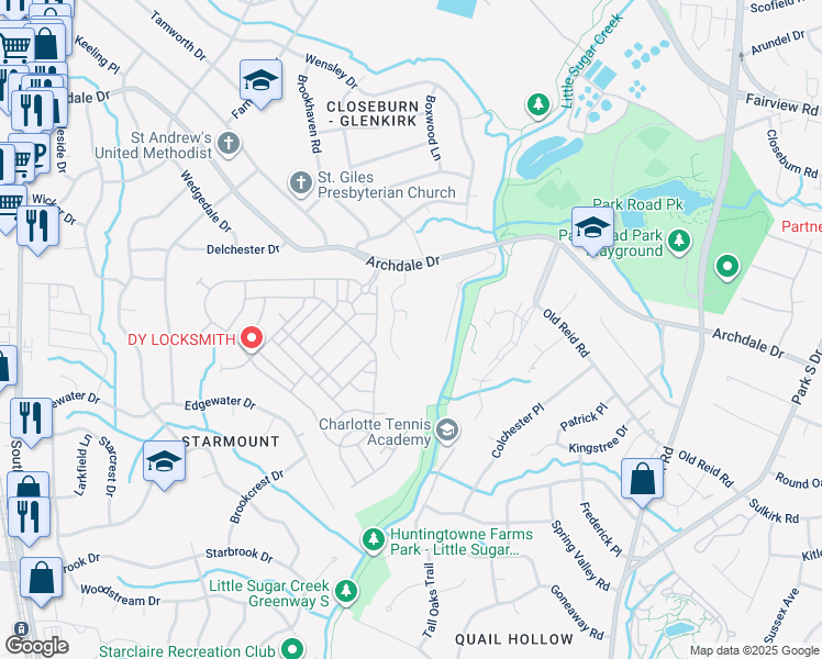 map of restaurants, bars, coffee shops, grocery stores, and more near 6513 Leafcrest Lane in Charlotte