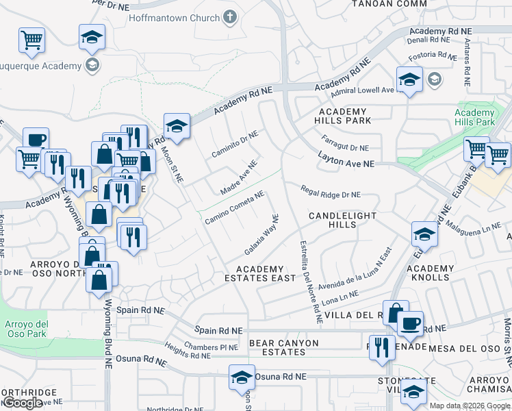 map of restaurants, bars, coffee shops, grocery stores, and more near 5611 Planeta Court Northeast in Albuquerque