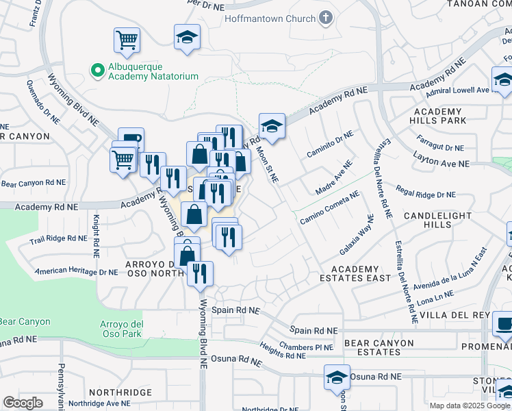 map of restaurants, bars, coffee shops, grocery stores, and more near 6001 Moon Street Northeast in Albuquerque
