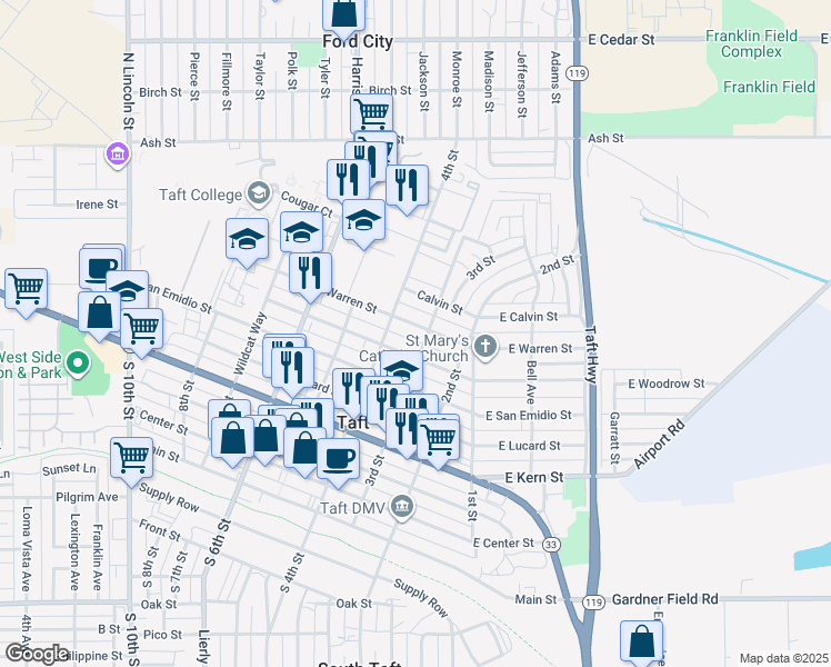 map of restaurants, bars, coffee shops, grocery stores, and more near 717 3rd Street in Taft