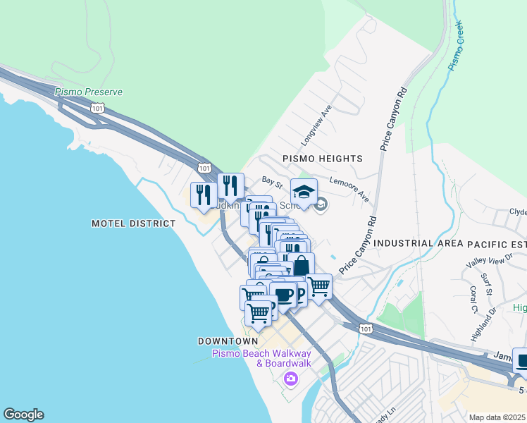 map of restaurants, bars, coffee shops, grocery stores, and more near 1161 Bello Street in Pismo Beach