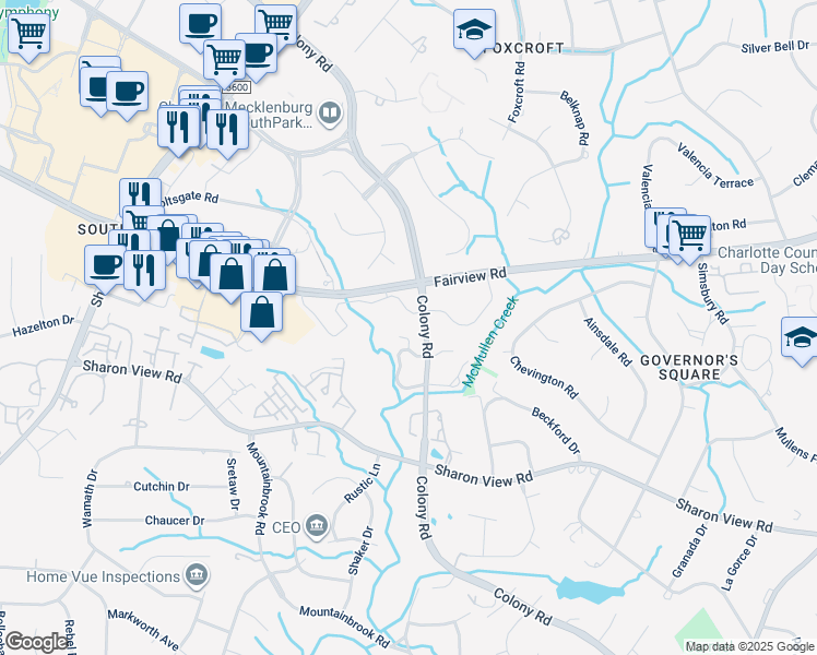 map of restaurants, bars, coffee shops, grocery stores, and more near 3542 Colony Crossing Drive in Charlotte