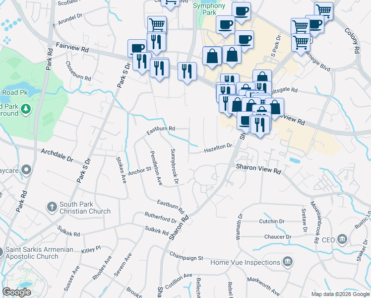 map of restaurants, bars, coffee shops, grocery stores, and more near 4839 Fairheath Road in Charlotte