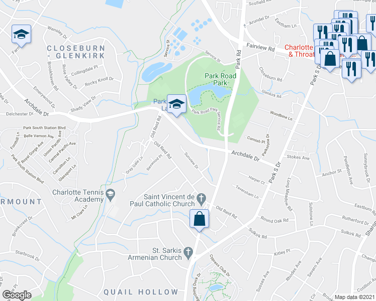map of restaurants, bars, coffee shops, grocery stores, and more near 6611 Sunview Drive in Charlotte
