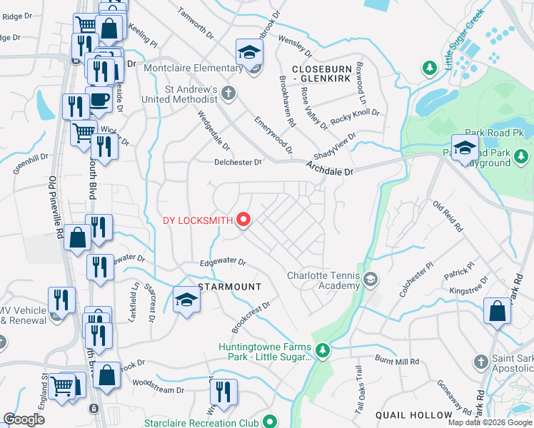 map of restaurants, bars, coffee shops, grocery stores, and more near 6252 Rockefeller Lane in Charlotte