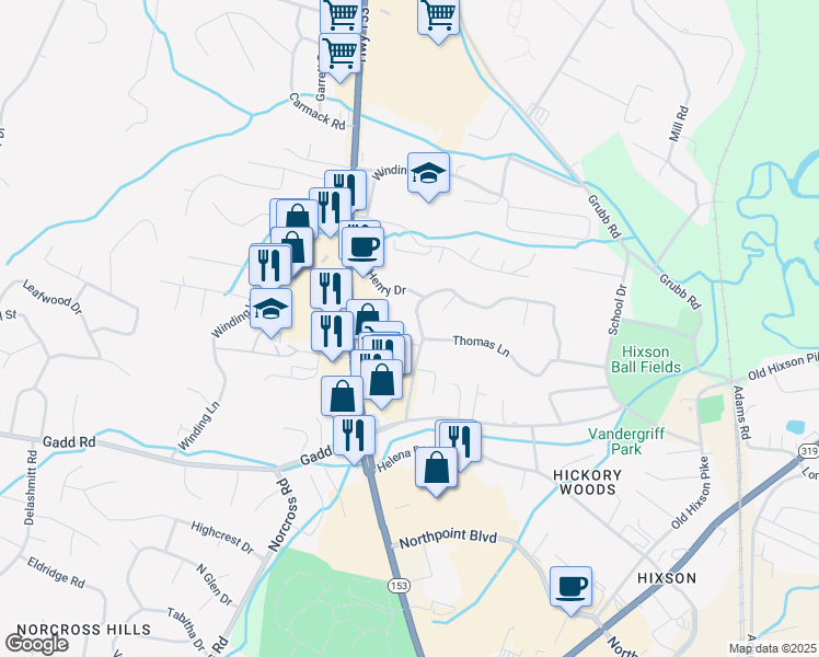 map of restaurants, bars, coffee shops, grocery stores, and more near 1107 Northern Hills Road in Chattanooga