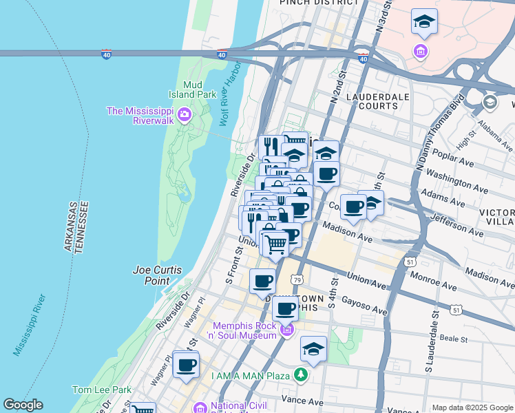 map of restaurants, bars, coffee shops, grocery stores, and more near 67 Madison Avenue in Memphis