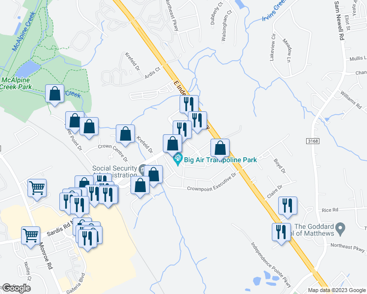 map of restaurants, bars, coffee shops, grocery stores, and more near 2518 Sardis Road North in Charlotte