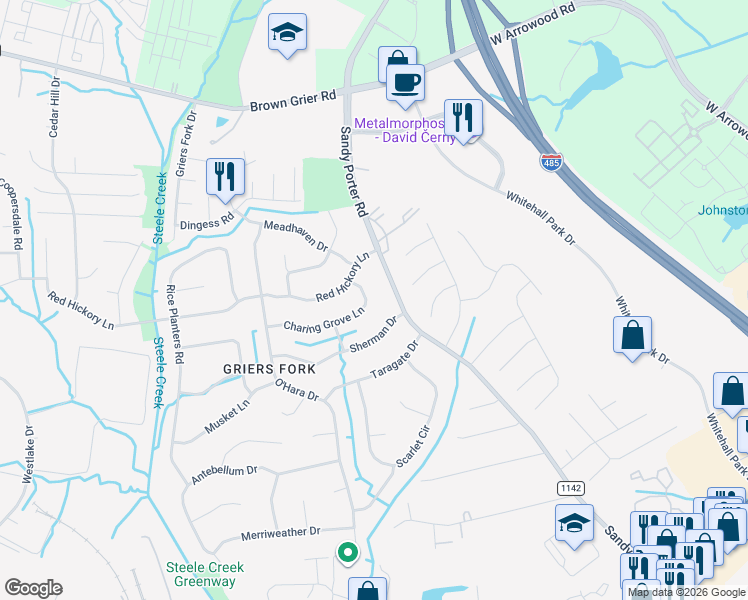 map of restaurants, bars, coffee shops, grocery stores, and more near 12310 Charing Grove Lane in Charlotte