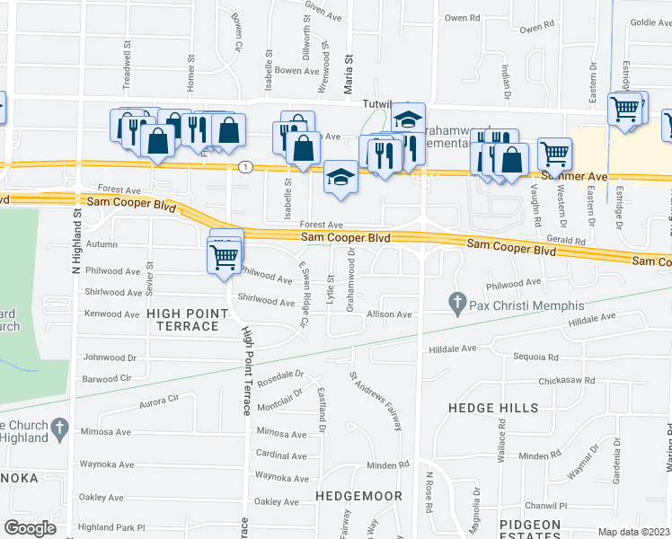 map of restaurants, bars, coffee shops, grocery stores, and more near 494 Lytle Street in Memphis