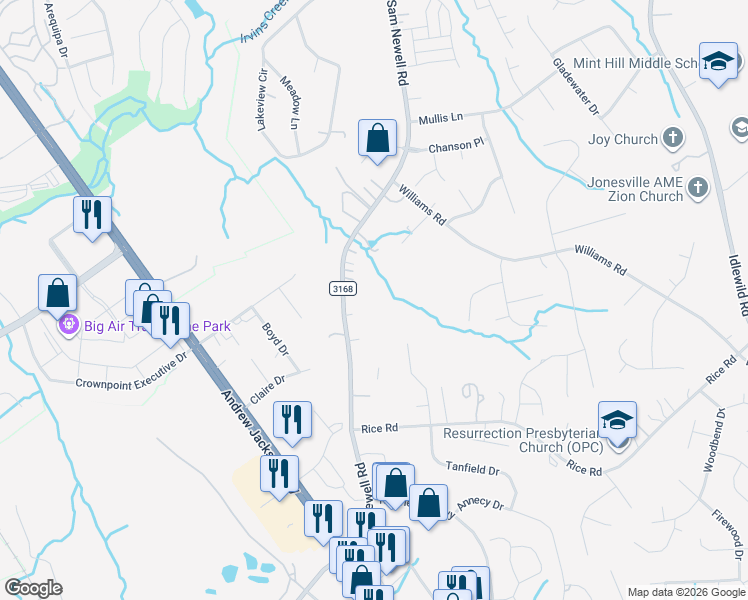 map of restaurants, bars, coffee shops, grocery stores, and more near 2408 Sam Newell Road in Matthews