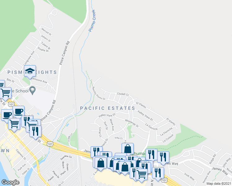map of restaurants, bars, coffee shops, grocery stores, and more near Clydell Court in Pismo Beach