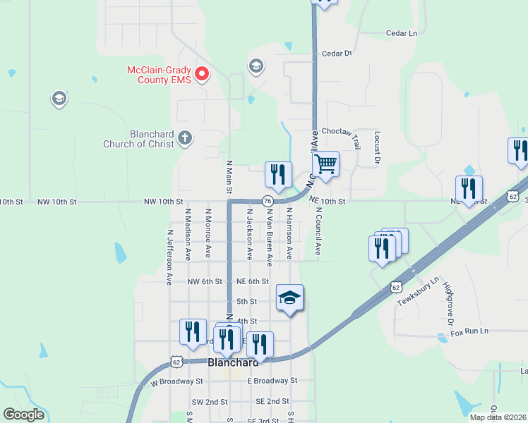 map of restaurants, bars, coffee shops, grocery stores, and more near 901 North Van Buren Avenue in Blanchard