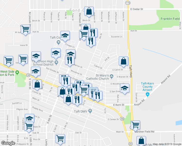 map of restaurants, bars, coffee shops, grocery stores, and more near 317 Warren Street in Taft