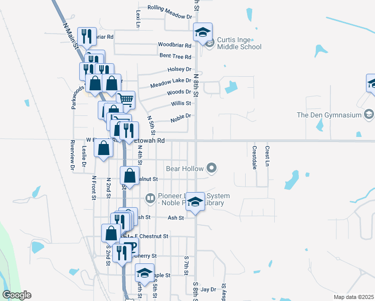 map of restaurants, bars, coffee shops, grocery stores, and more near 502 North 8th Street in Noble