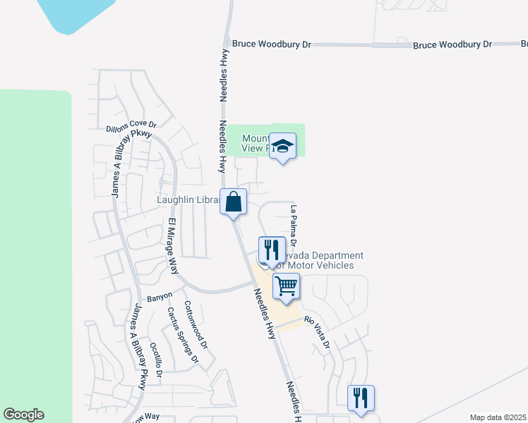 map of restaurants, bars, coffee shops, grocery stores, and more near 2824 Biscaya Drive in Laughlin