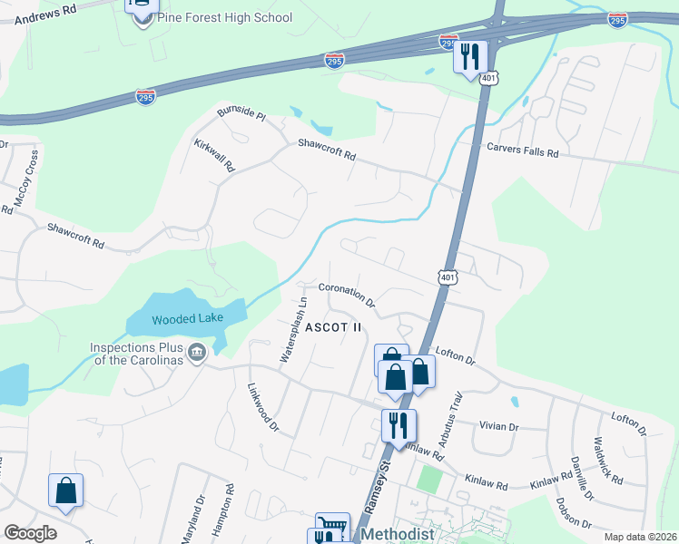 map of restaurants, bars, coffee shops, grocery stores, and more near 501 Coronation Drive in Fayetteville