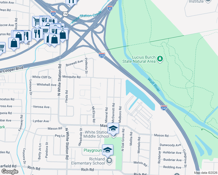 map of restaurants, bars, coffee shops, grocery stores, and more near 509 Mineral Road in Memphis