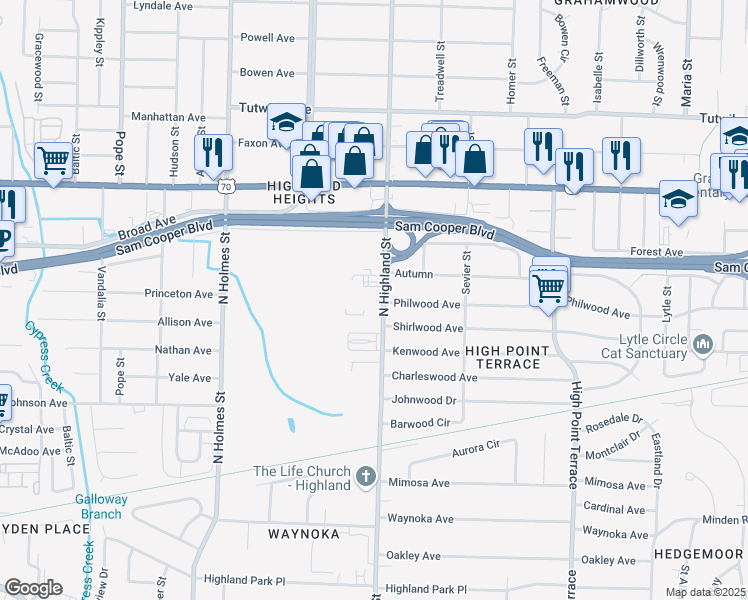 map of restaurants, bars, coffee shops, grocery stores, and more near 491 North Highland Street in Memphis