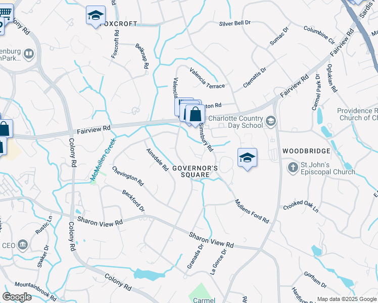 map of restaurants, bars, coffee shops, grocery stores, and more near 2526 Valencia Terrace in Charlotte