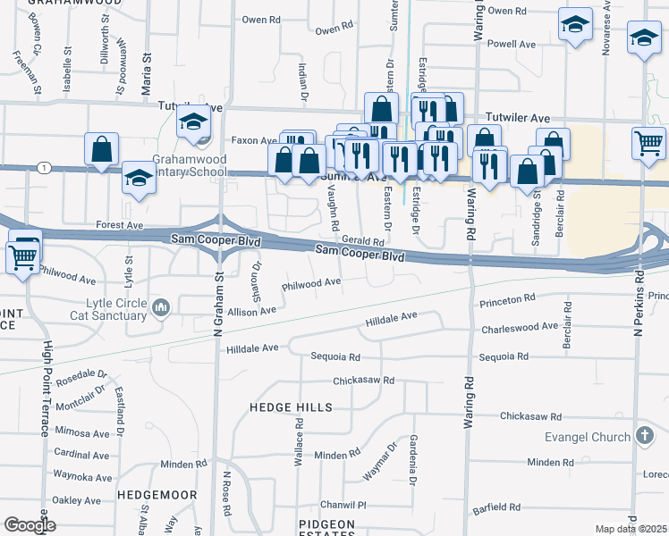 map of restaurants, bars, coffee shops, grocery stores, and more near 511 Vaughn Road in Memphis