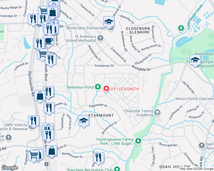 map of restaurants, bars, coffee shops, grocery stores, and more near 4751 Mount Royal Lane in Charlotte