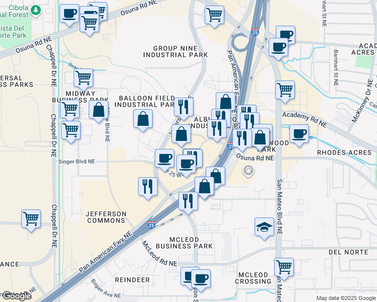 map of restaurants, bars, coffee shops, grocery stores, and more near 4411 The 25 Way Northeast in Albuquerque