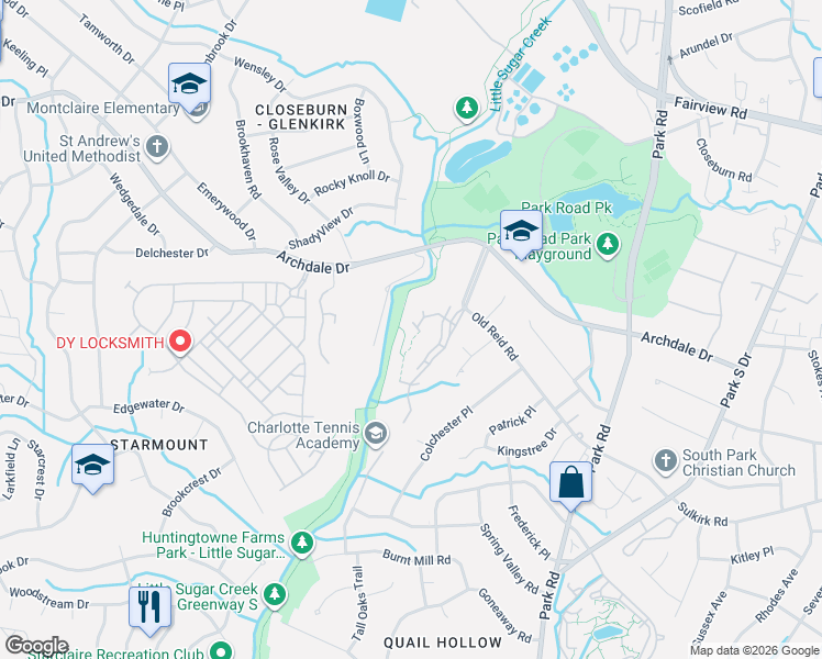 map of restaurants, bars, coffee shops, grocery stores, and more near 2638 Archdale Drive in Charlotte