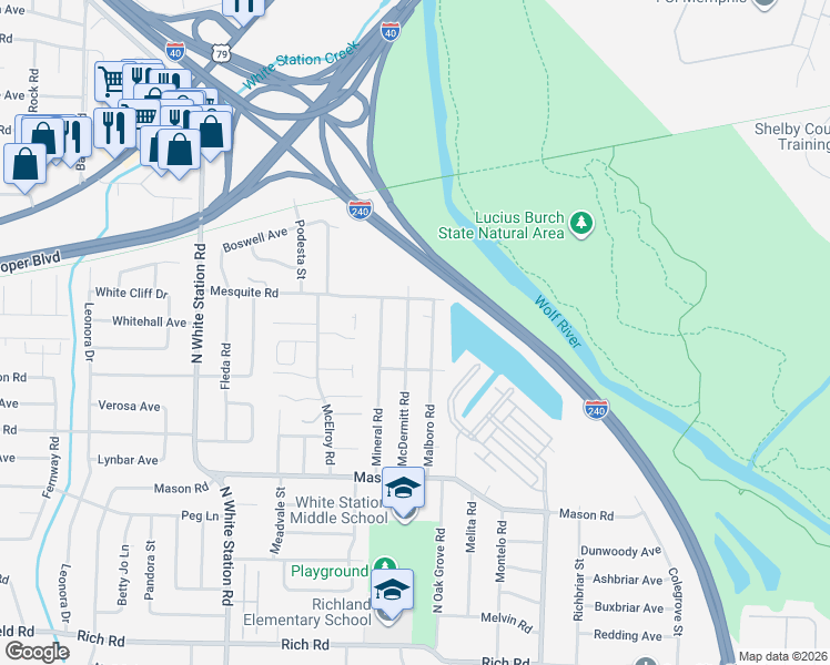 map of restaurants, bars, coffee shops, grocery stores, and more near 512 McDermitt Road in Memphis