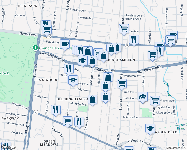 map of restaurants, bars, coffee shops, grocery stores, and more near 2648 Harvard Avenue in Memphis