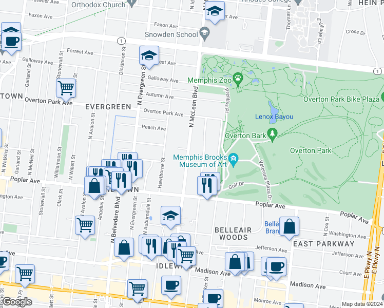 map of restaurants, bars, coffee shops, grocery stores, and more near 274 North McLean Boulevard in Memphis