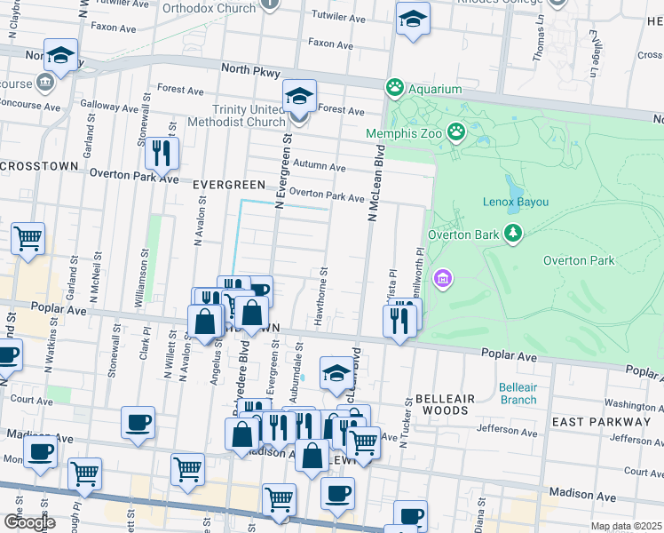 map of restaurants, bars, coffee shops, grocery stores, and more near 270 Hawthorne Street in Memphis