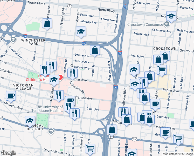 map of restaurants, bars, coffee shops, grocery stores, and more near in Memphis