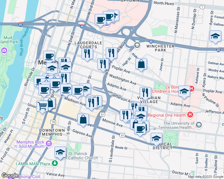 map of restaurants, bars, coffee shops, grocery stores, and more near 382 Jefferson Avenue in Memphis