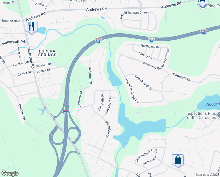 map of restaurants, bars, coffee shops, grocery stores, and more near 550 Bay Shore Drive in Fayetteville